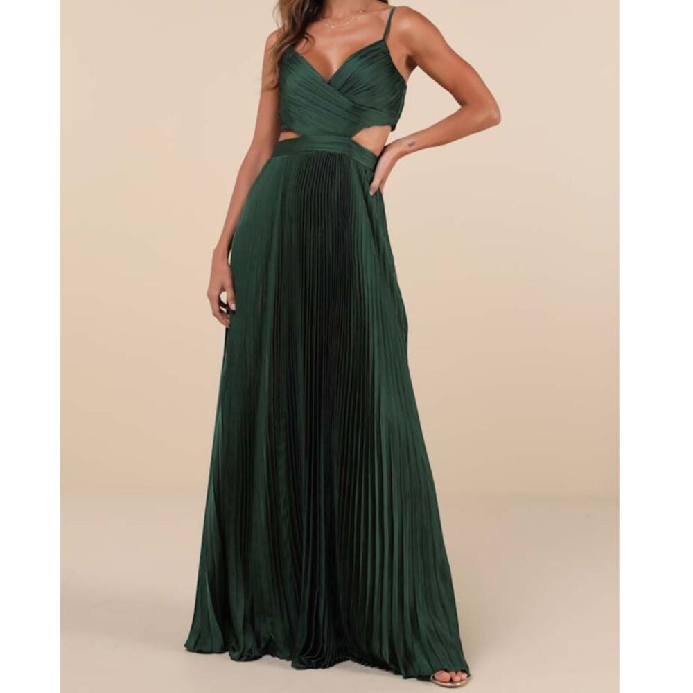 NEW Lulus Got the Glam Emerald Green Satin Pleated Cutout Maxi Gown Dress XS